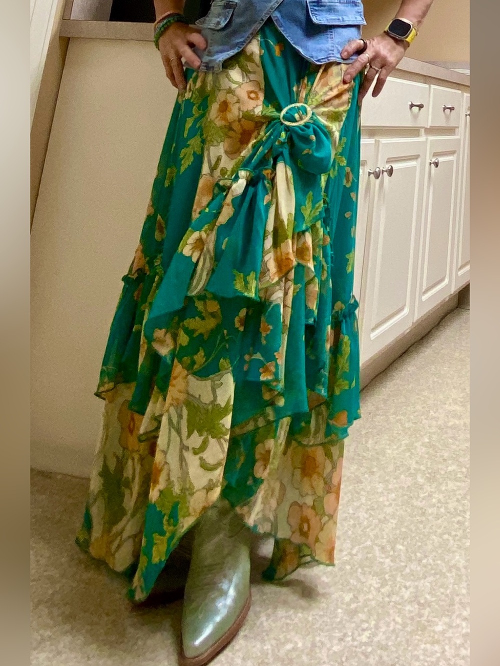 Teal Floral Maxi Skirt - Women's Tiered Boho Skirt